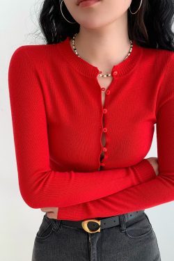 Sexy Hollow Out Slim Fit Knitted Cardigan Sweater for Women - European American Style Round Neck Top, Y2K Fashion Essential