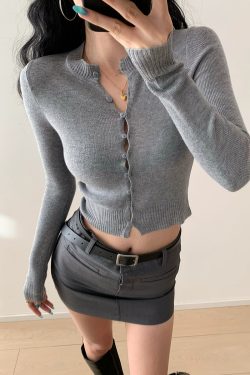 Sexy Hollow Out Slim Fit Knitted Cardigan Sweater for Women - European American Style Round Neck Top, Y2K Fashion Essential