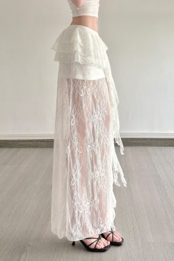 Sexy Lace Spliced Tulle Ruffle Ribbon Half Skirt - Niche Design Long Skirt for 90s and Y2K Fashion Lovers