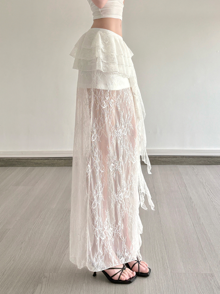 Sexy Lace Spliced Tulle Ruffle Ribbon Half Skirt - Niche Design Long Skirt for 90s and Y2K Fashion Lovers Sexy Lace Spliced Tulle Ruffle Ribbon Half Skirt - Niche Design Long Skirt for 90s and Y2K Fashion Lovers