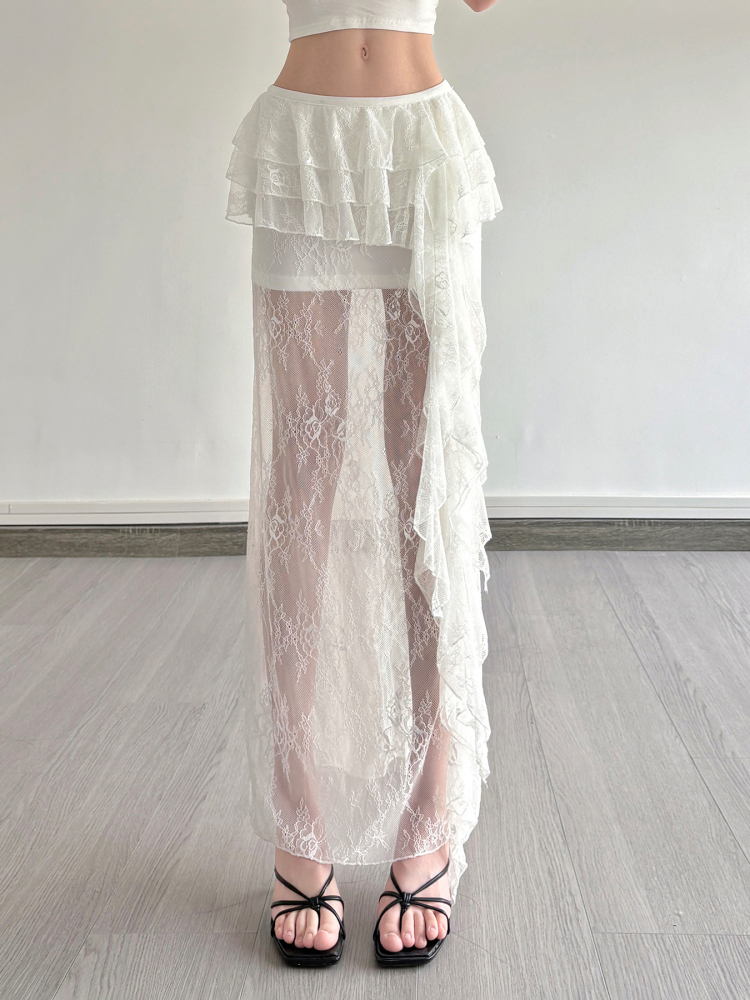Sexy Lace Spliced Tulle Ruffle Ribbon Half Skirt - Niche Design Long Skirt for 90s and Y2K Fashion Lovers Sexy Lace Spliced Tulle Ruffle Ribbon Half Skirt - Niche Design Long Skirt for 90s and Y2K Fashion Lovers