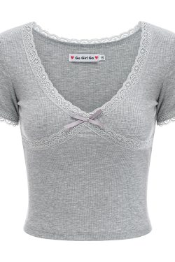 Sexy Lace Trim Low-Cut V-Neck Ribbed Short-Sleeve T-Shirt for Women - Slim Fit European American Style Top