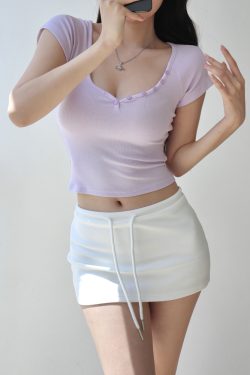 Sexy Low-Cut U-Neck Button Short Sleeve T-Shirt for Women - Soft Stretchy Slim Fit Top, Perfect for Y2K and Casual Looks