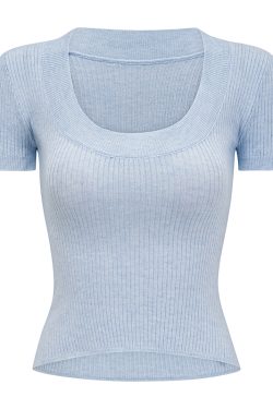 Sexy Low-Neck Short Sleeve Knitted Crop Top for Women - Slim Fit European American Style T-Shirt, Flattering Fashion Essential