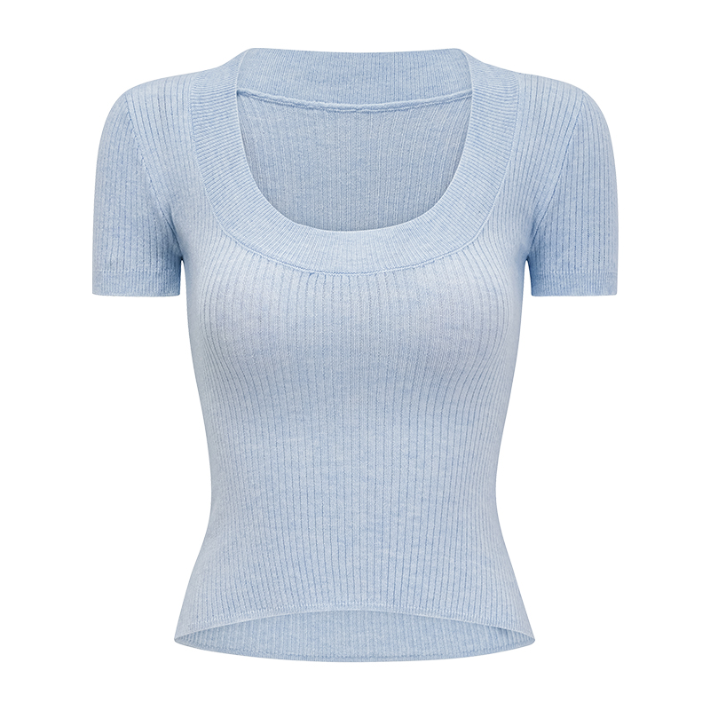 Sexy Low-Neck Short Sleeve Knitted Crop Top for Women - Slim Fit European American Style T-Shirt, Flattering Fashion Essential Sexy Low-Neck Short Sleeve Knitted Crop Top for Women - Slim Fit European American Style T-Shirt, Flattering Fashion Essential