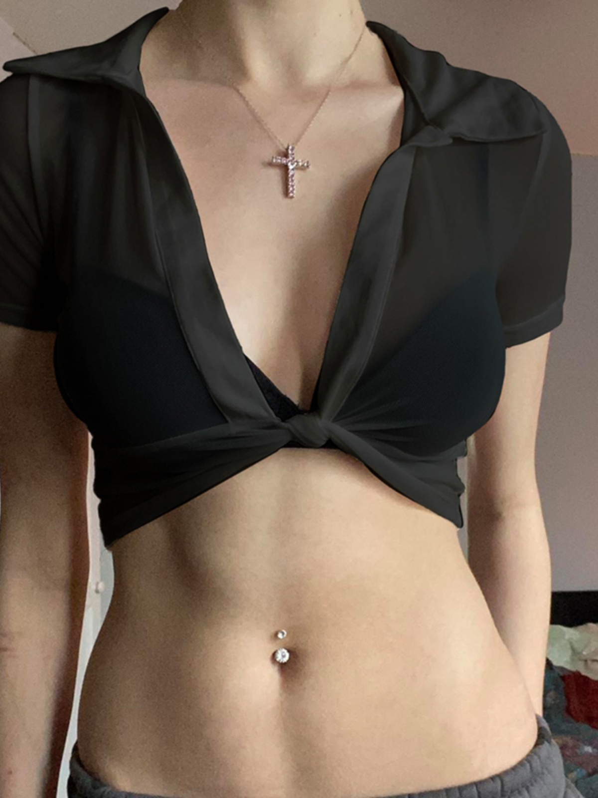 Sexy Mesh Sheer Knotted Tie Deep V Short Top for Women - Hot Girl Style, Trendy Fashion, Subtle Tricks, Perfect for Night Out Sexy Mesh Sheer Knotted Tie Deep V Short Top for Women - Hot Girl Style, Trendy Fashion, Subtle Tricks, Perfect for Night Out