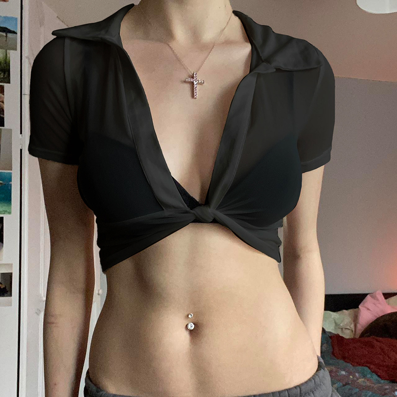 Sexy Mesh Sheer Knotted Tie Deep V Short Top for Women - Hot Girl Style, Trendy Fashion, Subtle Tricks, Perfect for Night Out Sexy Mesh Sheer Knotted Tie Deep V Short Top for Women - Hot Girl Style, Trendy Fashion, Subtle Tricks, Perfect for Night Out