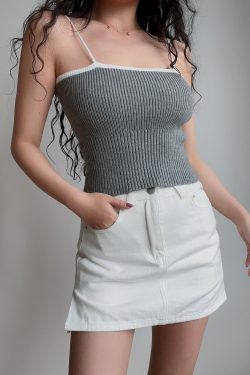 Sexy Minimalist Color-Blocking High-Waisted Knitted Camisole for Women - European American Style Slim-Fit Top