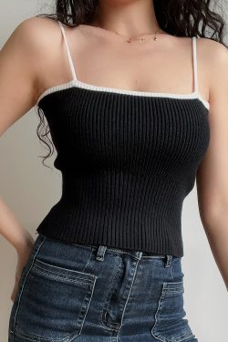 Sexy Minimalist Color-Blocking High-Waisted Knitted Camisole for Women - European American Style Slim-Fit Top