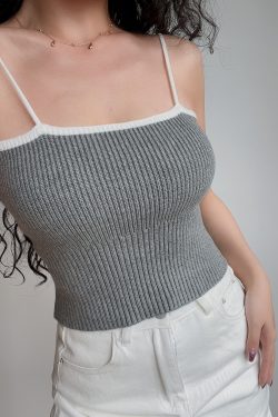 Sexy Minimalist Color-Blocking High-Waisted Knitted Camisole for Women - European American Style Slim-Fit Top