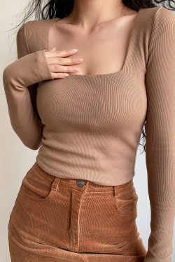 Sexy Minimalist Square Neck Long Sleeve T-Shirt Top - High-Waisted Slim Fit Solid Color - European American Style