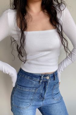 Sexy Minimalist Square Neck Long Sleeve T-Shirt Top - High-Waisted Slim Fit Solid Color - European American Style