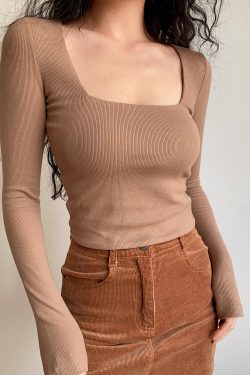 Sexy Minimalist Square Neck Long Sleeve T-Shirt Top - High-Waisted Slim Fit Solid Color - European American Style