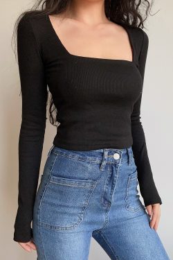 Sexy Minimalist Square Neck Long Sleeve T-Shirt Top - High-Waisted Slim Fit Solid Color - European American Style
