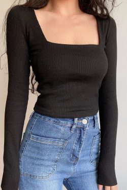 Sexy Minimalist Square Neck Long Sleeve T-Shirt Top - High-Waisted Slim Fit Solid Color - European American Style