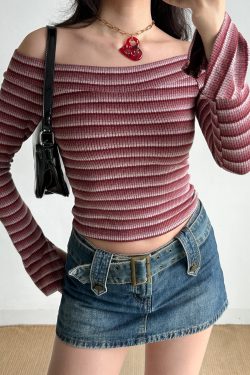 Sexy Off-the-Shoulder Striped Knitted Crop Top for Women - Slim Fit European and American Style Fashion Top