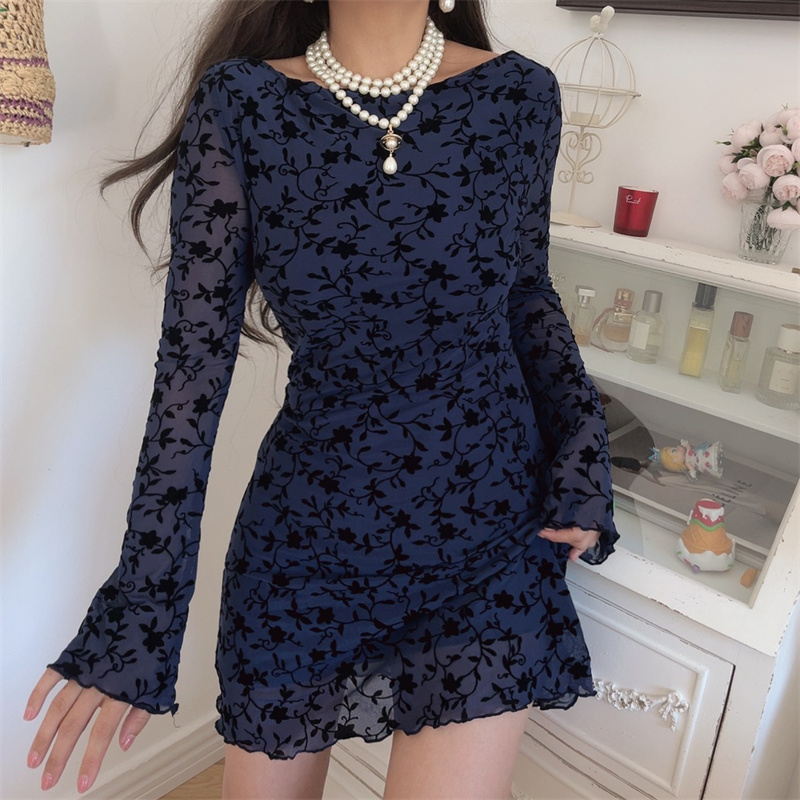 Sexy One-Shoulder Bell Sleeve Mesh Long Sleeve Dress - Handmade Early Autumn Style, Australian Niche Fashion Sexy One-Shoulder Bell Sleeve Mesh Long Sleeve Dress - Handmade Early Autumn Style, Australian Niche Fashion