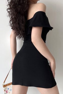 Sexy One-Shoulder Ruffled Black Bodycon Dress for Women - European American Style Short Skirt, Trendy Y2K Fashion