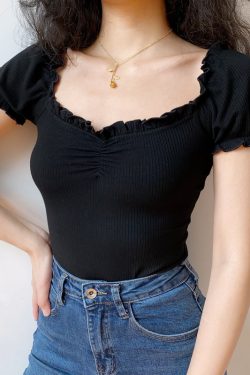 Sexy One-Shoulder Ruffled Puff Sleeve T-Shirt for Women - European & American Style Short Top, Trendy 90s Inspired Fashion