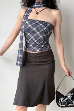 Sexy Plaid Strapless Top with Scarf - Women's Sleeveless Slim Fit - European & American Style - Summer Fashion 90s Inspired