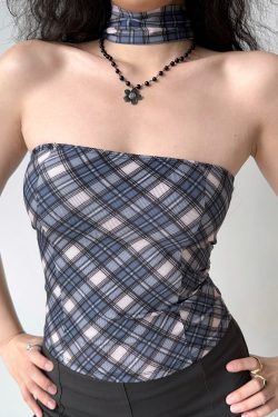 Sexy Plaid Strapless Top with Scarf - Women's Sleeveless Slim Fit - European & American Style - Summer Fashion 90s Inspired