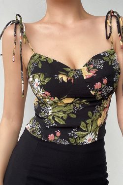 Sexy Retro Floral Print Lace-Up High-Waisted Pleated Camisole Tank Top for Women - European American Style