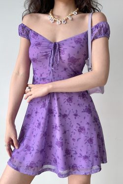 Sexy Retro Purple Rose Deep V-Neck Dress - Women's Slim A-Line Short Skirt - European American Style - Y2K Fashion