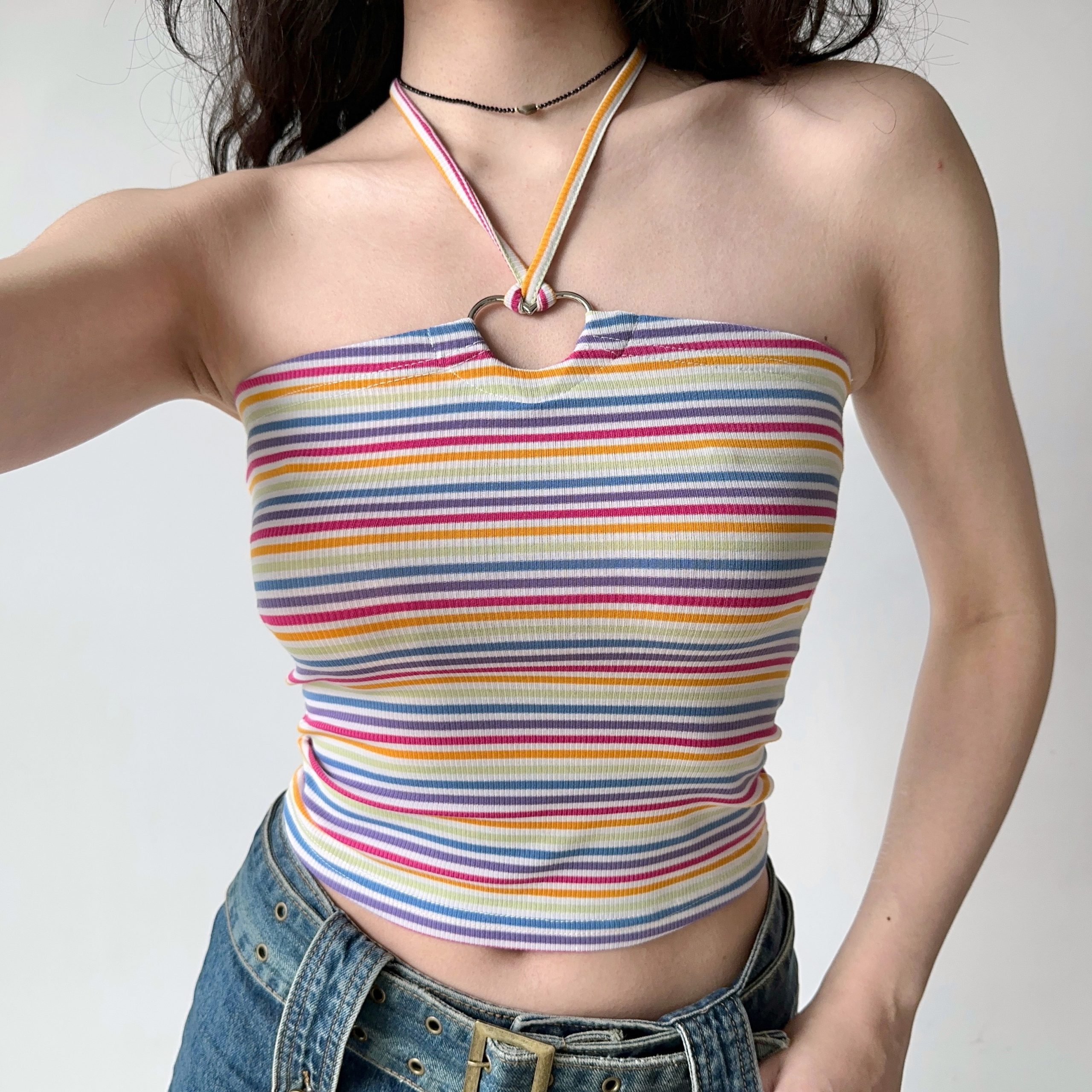 Sexy Slim-Fit Halter Tank Top for Women - Striped Strapless Summer Style, European and American Inspired, Hot Girl Vibe Sexy Slim-Fit Halter Tank Top for Women - Striped Strapless Summer Style, European and American Inspired, Hot Girl Vibe