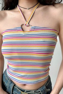 Sexy Slim-Fit Halter Tank Top for Women - Striped Strapless Summer Style, European and American Inspired, Hot Girl Vibe