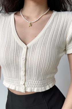 Sexy Slim-Fit V-Neck Hollow-Out Puff Sleeve Ruffled Cropped Knitted Cardigan - European American Style Women's Top