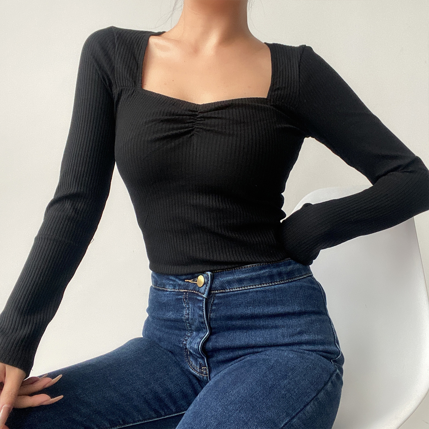 Sexy Square Neck Pleated Ribbed Stretch Long Sleeve T-Shirt Top - Early Spring European & American Style Sexy Square Neck Pleated Ribbed Stretch Long Sleeve T-Shirt Top - Early Spring European & American Style