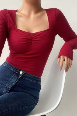 Sexy Square Neck Pleated Ribbed Stretch Long Sleeve T-Shirt Top - Early Spring European & American Style