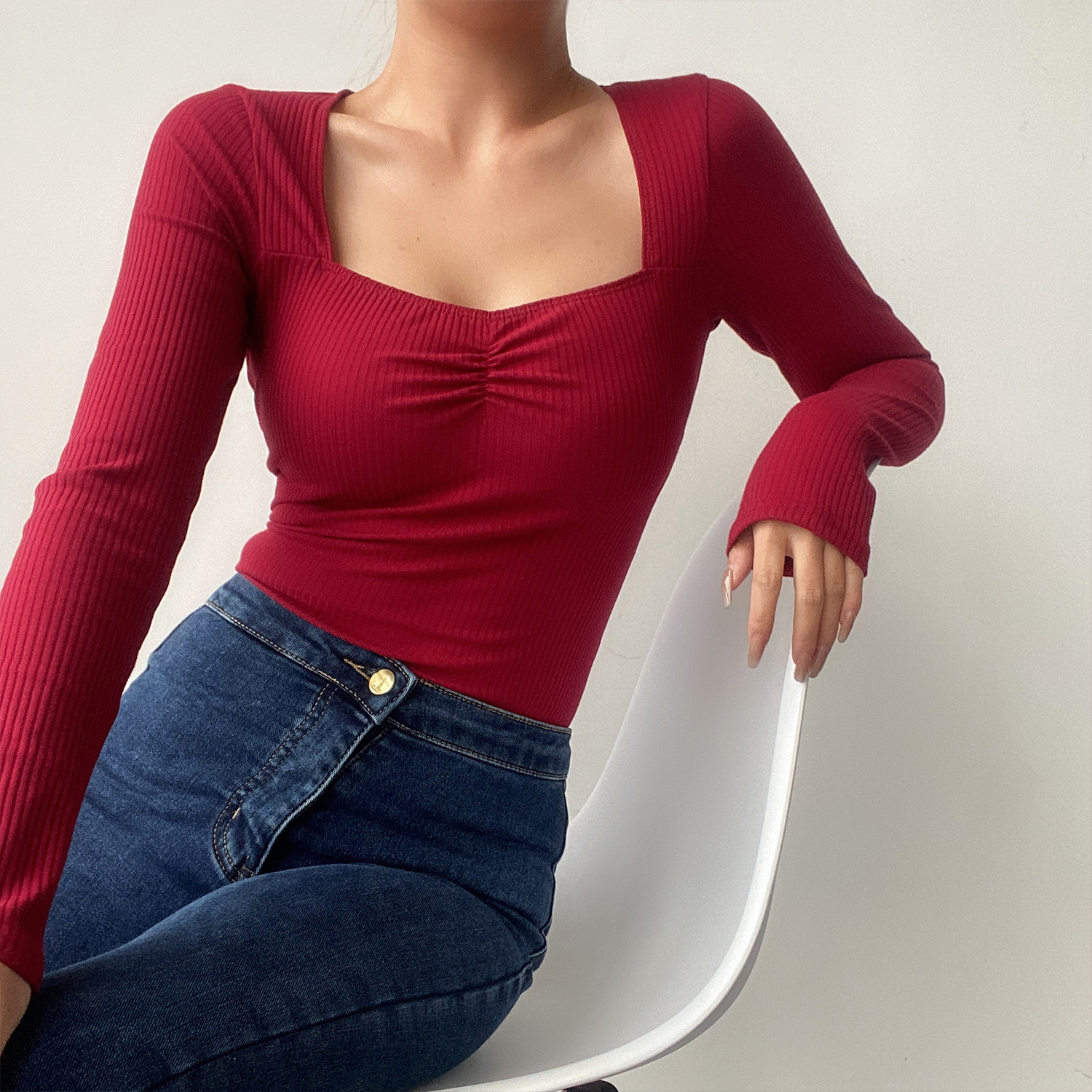 Sexy Square Neck Pleated Ribbed Stretch Long Sleeve T-Shirt Top - Early Spring European & American Style Sexy Square Neck Pleated Ribbed Stretch Long Sleeve T-Shirt Top - Early Spring European & American Style