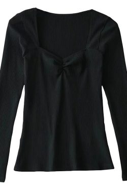 Sexy Square Neck Pleated Ribbed Stretch Long Sleeve T-Shirt Top - Early Spring European & American Style