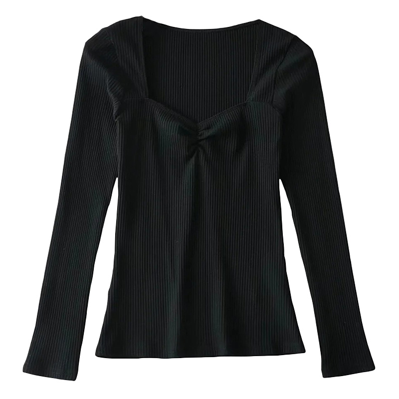 Sexy Square Neck Pleated Ribbed Stretch Long Sleeve T-Shirt Top - Early Spring European & American Style Sexy Square Neck Pleated Ribbed Stretch Long Sleeve T-Shirt Top - Early Spring European & American Style