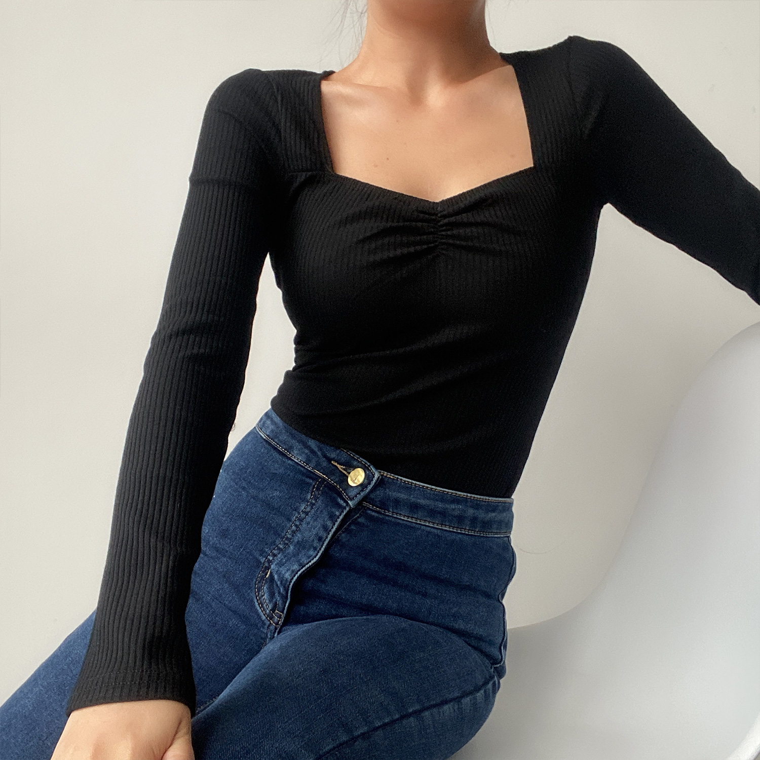 Sexy Square Neck Pleated Ribbed Stretch Long Sleeve T-Shirt Top - Early Spring European & American Style Sexy Square Neck Pleated Ribbed Stretch Long Sleeve T-Shirt Top - Early Spring European & American Style