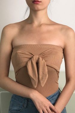 Sexy Strapless Bow Ribbed Solid Color Slim-Fitting Tank Top Camisole - European and American Style, Cute Y2K Fashion