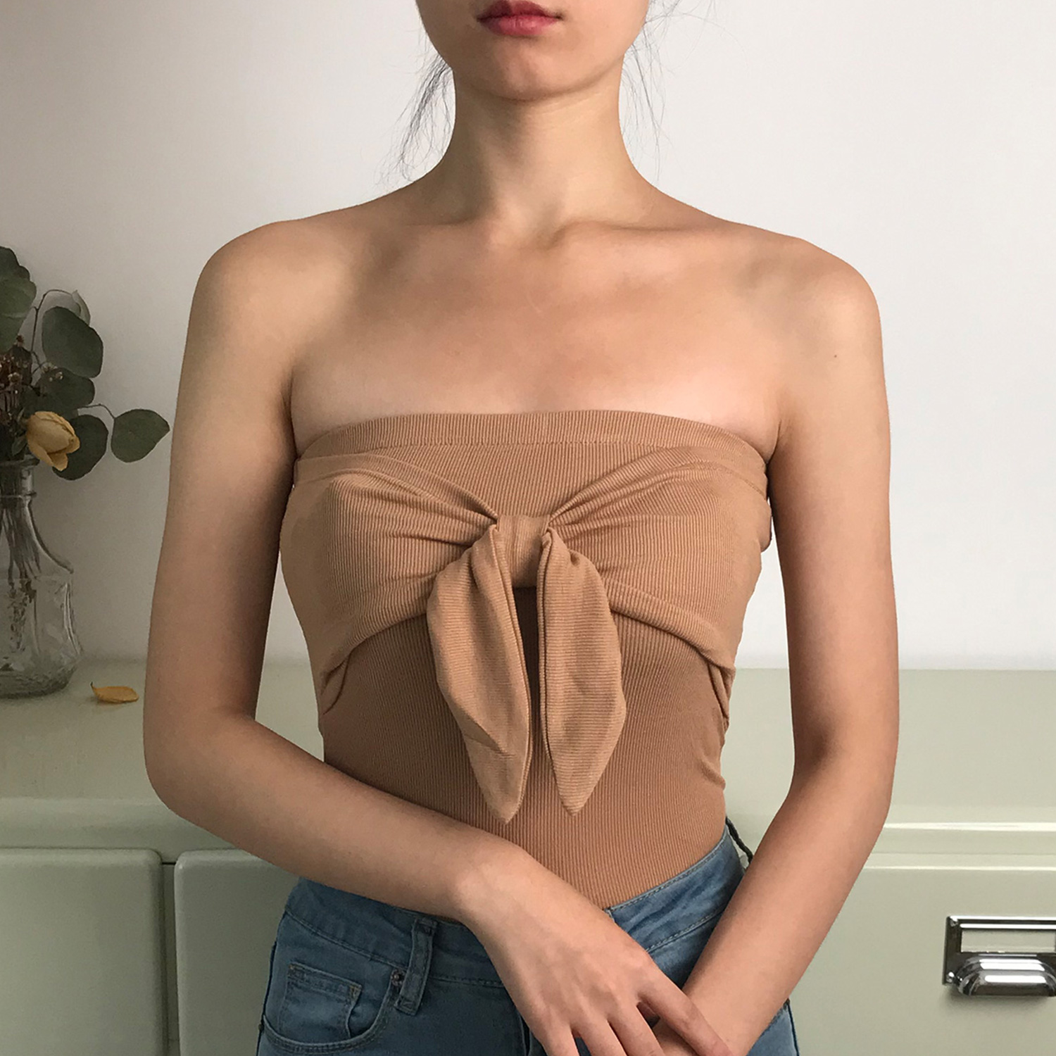 Sexy Strapless Bow Ribbed Solid Color Slim-Fitting Tank Top Camisole - European and American Style, Cute Y2K Fashion Sexy Strapless Bow Ribbed Solid Color Slim-Fitting Tank Top Camisole - European and American Style, Cute Y2K Fashion