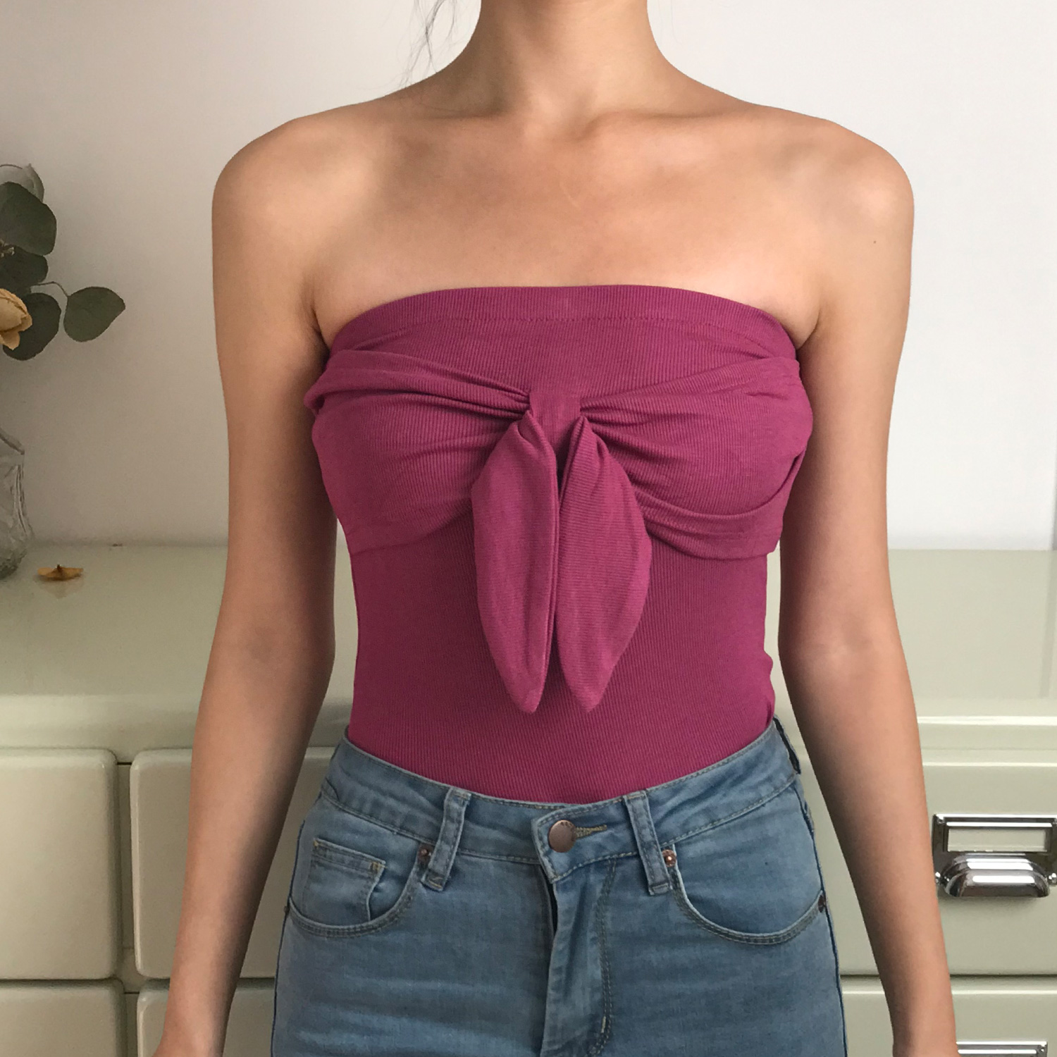 Sexy Strapless Bow Ribbed Solid Color Slim-Fitting Tank Top Camisole - European and American Style, Cute Y2K Fashion Sexy Strapless Bow Ribbed Solid Color Slim-Fitting Tank Top Camisole - European and American Style, Cute Y2K Fashion