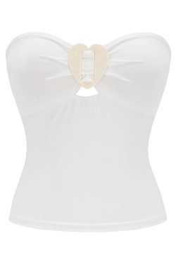 Sexy Strapless Fitted White Heart Button Top - Self-Made European American Style Sleeveless Outerwear for Hot Girls