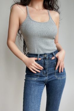 Sexy U-Neck Minimalist Basic Solid Color Stretchy Slim-Fit Thin Strap Tank Top - European American Style, Versatile Essential for 90s Y2K Fashion