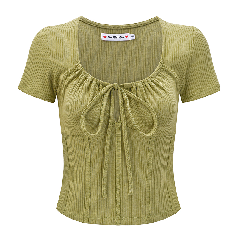 Sexy U-Neck Tie Short Sleeve T-Shirt for Women - Slim Fit Fishbone Waist-Cinching Top, European American Style, Trendy Fashion Sexy U-Neck Tie Short Sleeve T-Shirt for Women - Slim Fit Fishbone Waist-Cinching Top, European American Style, Trendy Fashion