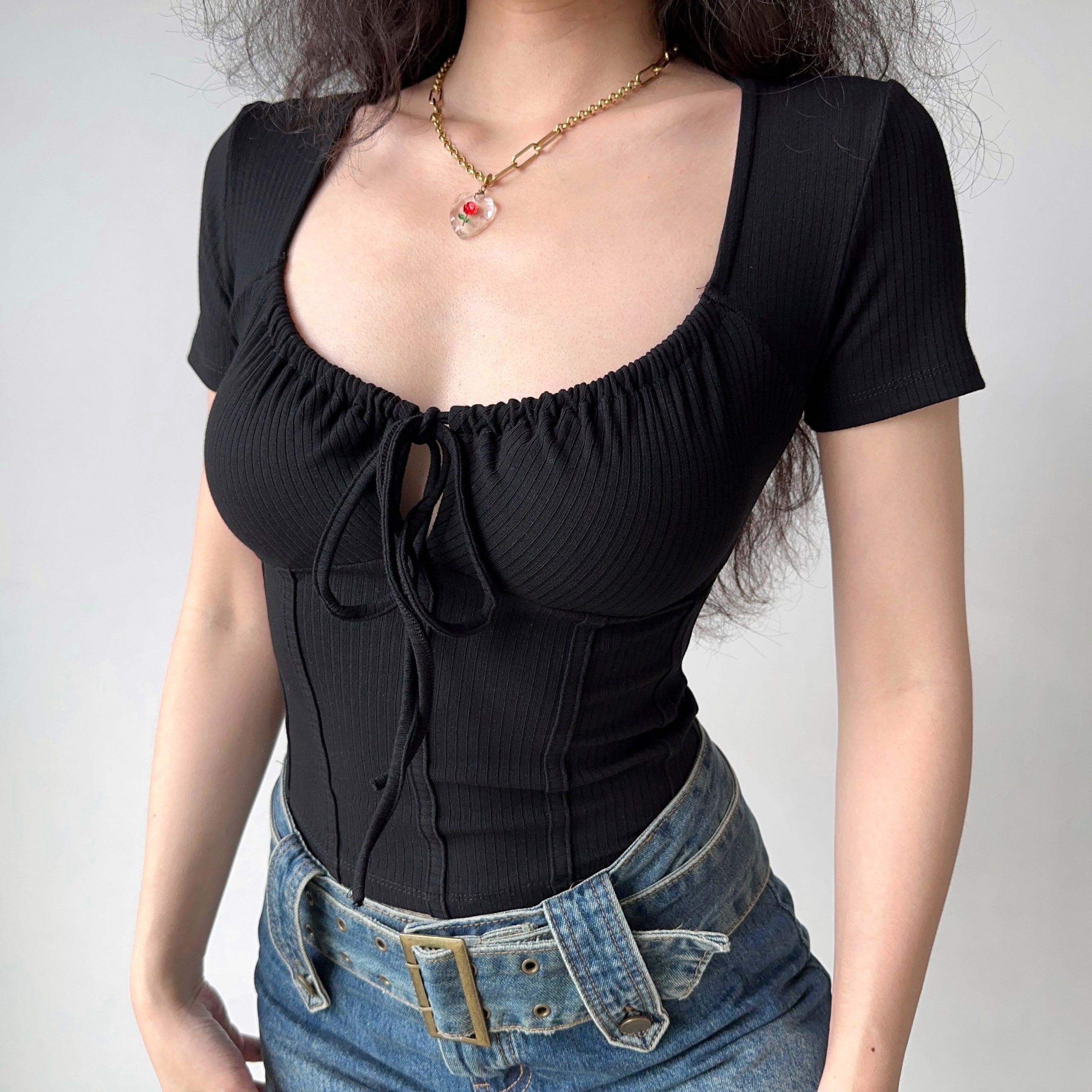 Sexy U-Neck Tie Short Sleeve T-Shirt for Women - Slim Fit Fishbone Waist-Cinching Top, European American Style, Trendy Fashion Sexy U-Neck Tie Short Sleeve T-Shirt for Women - Slim Fit Fishbone Waist-Cinching Top, European American Style, Trendy Fashion