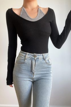 Sexy V-Neck Halter Tie Color-Blocking Ribbed High-Waisted Long Sleeve T-Shirt Top - European American Style