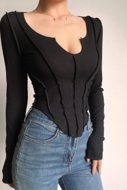 Sexy V-Neck Long Sleeve T-Shirt with Spliced Curved Hem, High-Waisted Slim Fit, Solid Color - European and American Style Fashion
