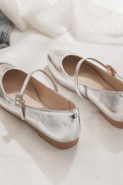 Sheepskin Mary Jane Shoes for Women - Spring Fairy Style Shallow Mouth Flat Loafers in Silver, Perfect for Skirts