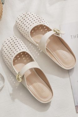 Sheepskin Slip-On Hollow-Out French Style Flat Open-Toe Half Slippers for Women - Summer Outdoor Footwear