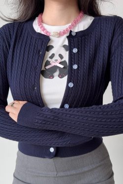 Short Knitted Cardigan Sweater for Women in American College Style - Soft Flattering Twist Design