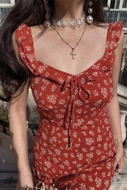 Sicilian Style Floral Ruffled V-Neck Tie Camisole Dress with Flying Sleeves for Women - Spring Summer Vacation Fashion