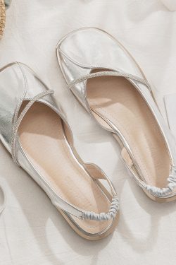 Silver Open-Toe Sheepskin Flat Evening Shoes for Women - Stylish Summer Sandals, Perfect for Outdoor Wear 2025